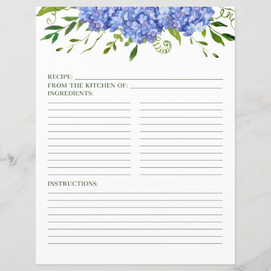 Page de recette des Hortensias Bleus (Devant)