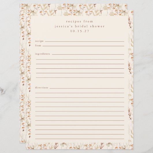 Page de recette personnalisée Boho Rustic Meadow F (Devant / Derrière)