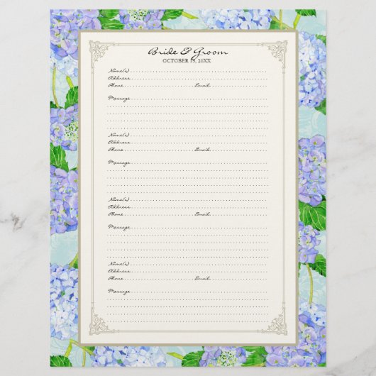 Page du livre d'invité mariage Blue Hydrangea Lace (Devant)