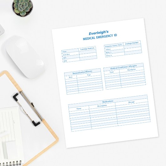 Page Plan personnalisé de l'ID d'urgence Médicale 