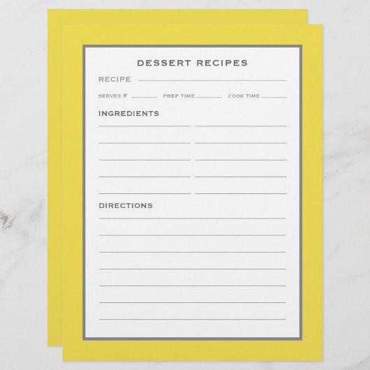 Page Recette | Dessert | Gris jaune simple (Devant / Derrière)