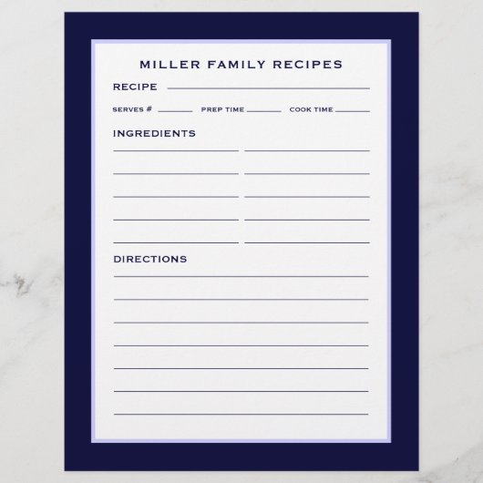Page Recette Nom de famille | Simple Navy bleu & b (Devant)