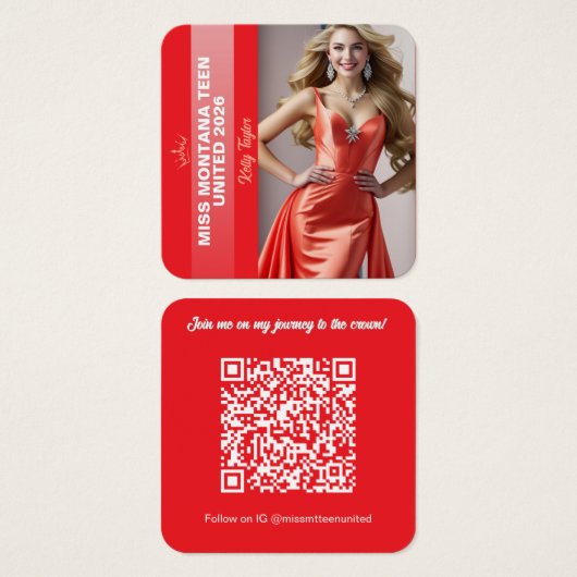 Pageant Titleholder Profile Card | Color Pop Red (Devant & derrière)