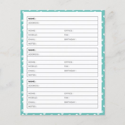 pages de carnet d'adresses aux empreintes de patte (Devant)