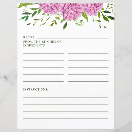 Pages de recette aquarelle florale d'hydrangeas ro (Devant)