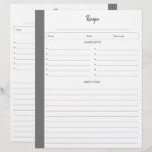 Pages de recette en gris au format lettre (Devant / Derrière)