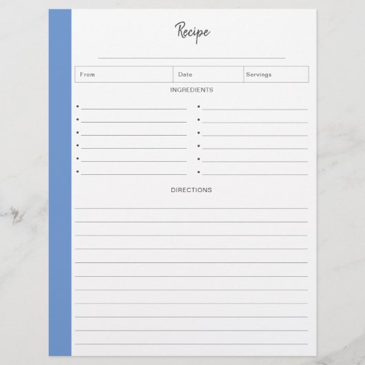 Pages de recette liées au format lettre bleue (Devant)