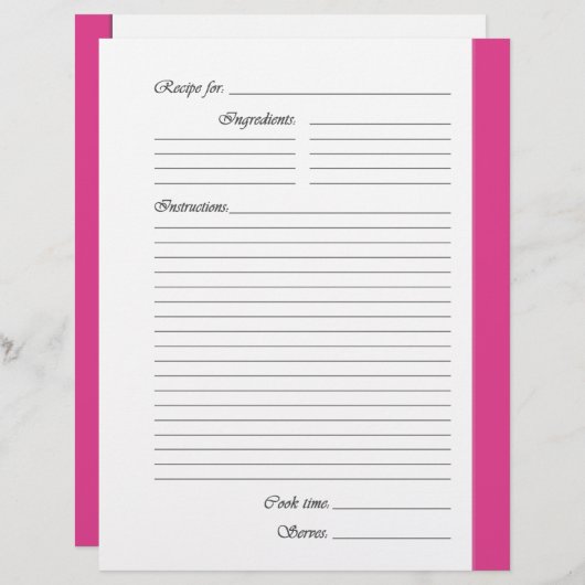 Pages de recette recto-verso rose (Devant / Derrière)