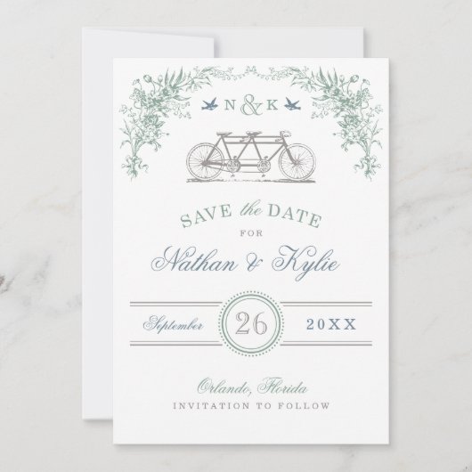 Pagina en blauwe  fiets Opslaan Datum Save The Date (Voorkant)