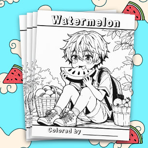 Pagina Kleur mij Anime Boy eet watermeloen Flyer