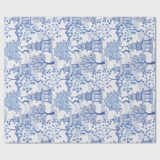 Pagoda Forest in Blue op White Cadeaupapier (Vlak)