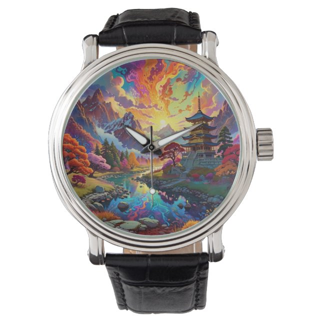 Pagode en gekleurd landschap eWatch Horloge (Voorkant)