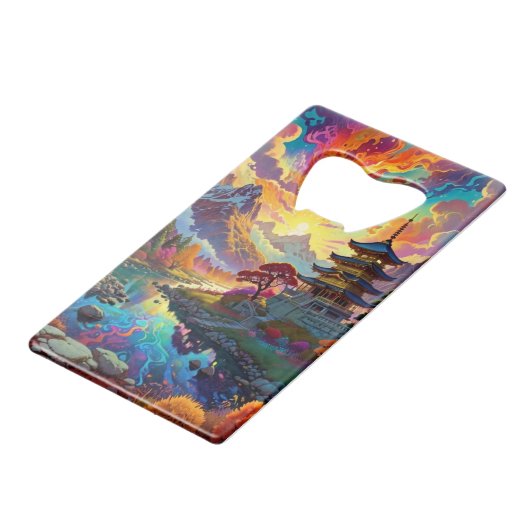 Pagode en gekleurd landschap kredietkaart flessenopener (Voorkant Gekanteld)