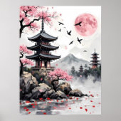 Pagode onder een roze maan poster (Voorkant)