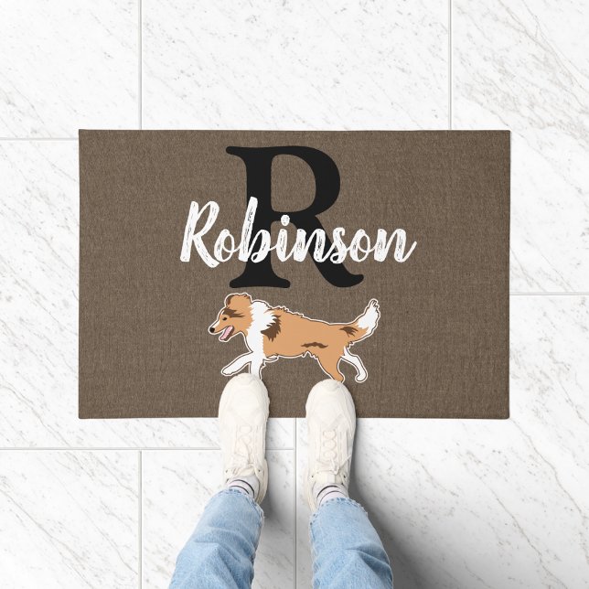 Paillasson Abris Shetland Sheepdog Monogramme Nom (Sheltie Shetland Sheepdog Monogram Doormat)