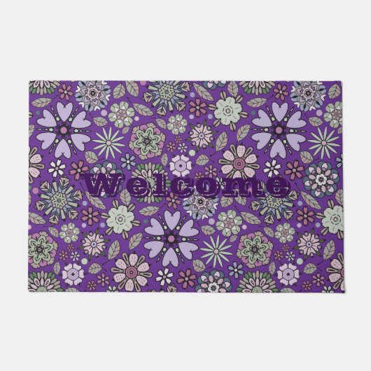 Paillasson Abstract Floral Pattern In Black & Green On White  (Devant)