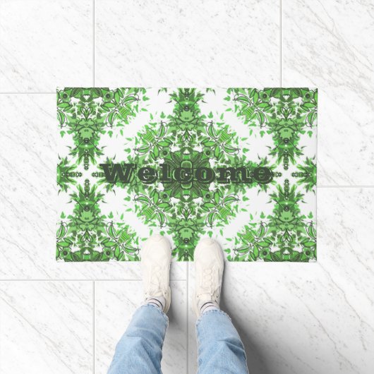 Paillasson Abstract Floral Pattern In Black & Green On White  (Intérieur)