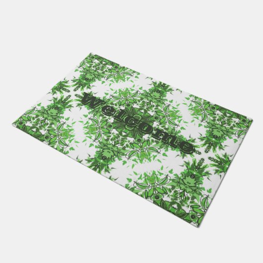 Paillasson Abstract Floral Pattern In Black & Green On White  (Incliné)