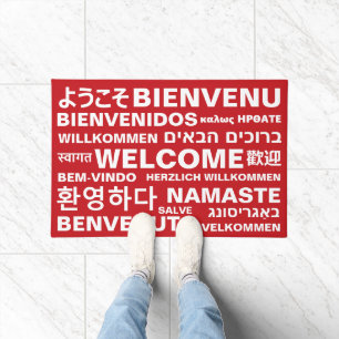 Paillasson Accueil en différentes langues rouge blanc moderne