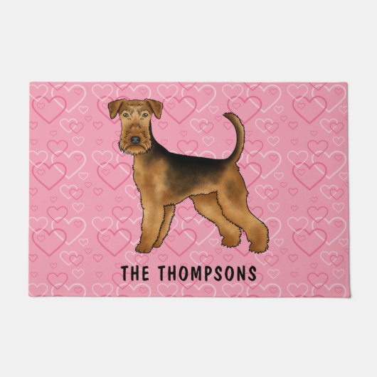 Paillasson Airedale Terrier Chien Avec Coeurs Rose Et Nom (Devant)