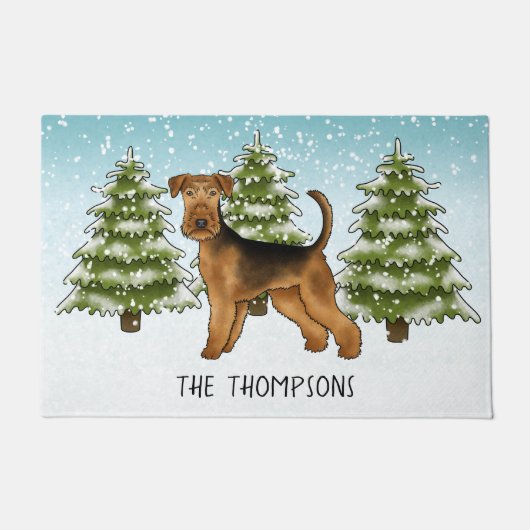 Paillasson Airedale Terrier Chien Snowy Winter Forest Et Nom (Devant)