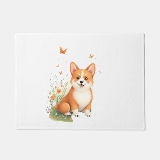 Paillasson Akita Chien avec Fleur et T-shirt Papillon (Devant)
