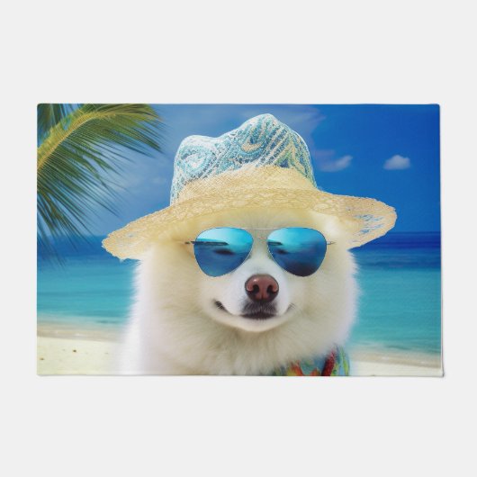Paillasson American Eskimo on Beach, cadeau d'été pour amoure (Devant)