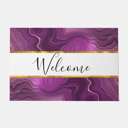 Paillasson Améthyste Violet Et Agate Abstrait Or Bienvenue (Devant)