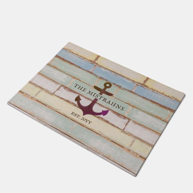 Paillasson Ancre nautique Nom du bateau en bois rustique (Incliné)