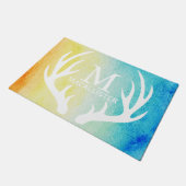Paillasson Antlers de cerfs blancs Aquarelle jaune et bleue p (Incliné)