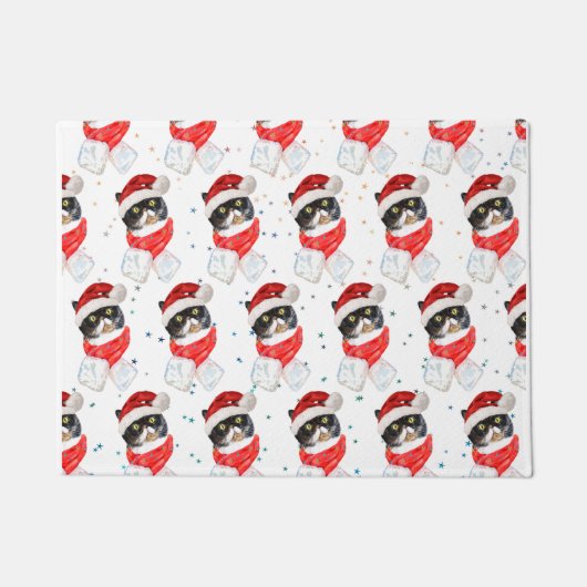 Paillasson Aquarelle de Noël Chat Tricolée avec Écharpe (Devant)