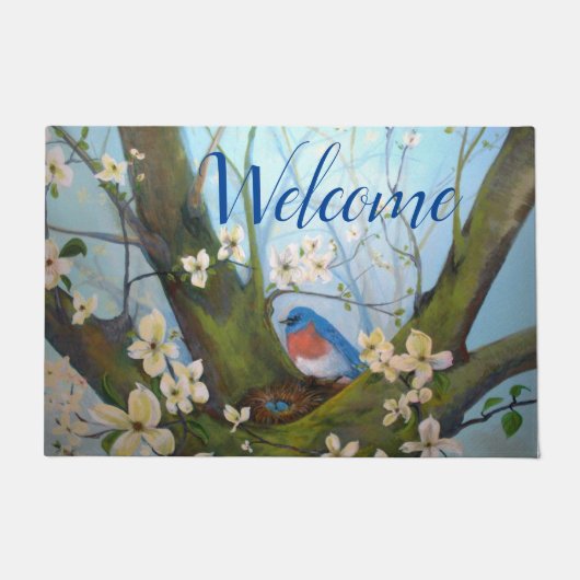 Paillasson Aquarelle florale Bluebird Bienvenue (Devant)