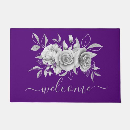 Paillasson Aquarelle florale mauve d'argent "Bienvenue" (Devant)