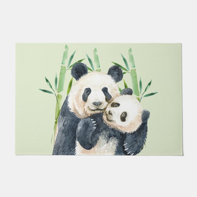 Paillasson Aquarelle Panda Ours Maman & Bébé en Bambou (Devant)