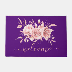 Paillasson Aquarelle Rose dorée violet florale "Bienvenue"