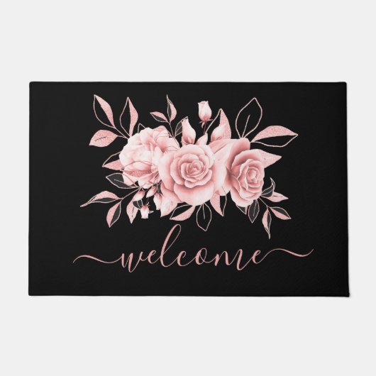Paillasson Aquarelle rose or noir floral "Bienvenue" (Devant)