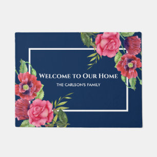 Paillasson Aquarelle Rouge et rose Fleurs bleu foncé Marine