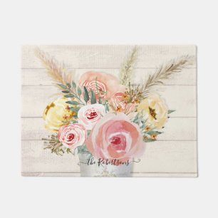Paillasson Aquarelle Rustique Bois Rose Floral Cottage Chic