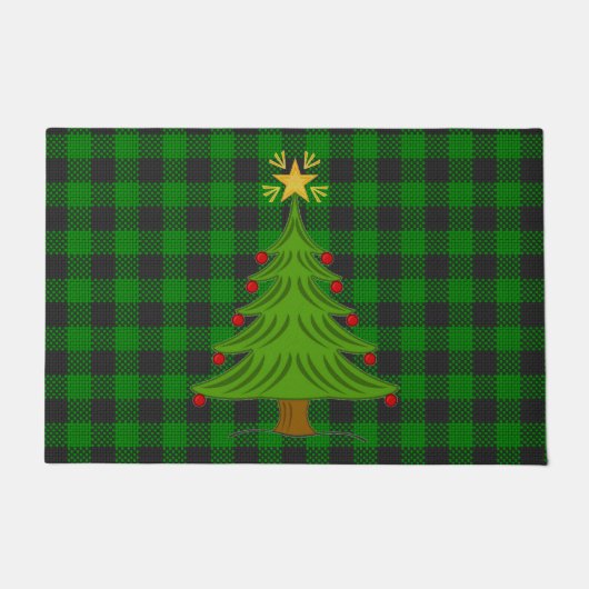 Paillasson Arbre de Noël Plaid Check Bande verte Noir2 (Devant)
