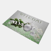 Paillasson Argent Ornement Blanc Ruban mat de Noël (Incliné)