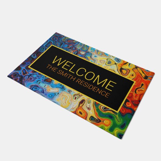 Paillasson Art Abstrait Moderne Jaune Orange Bleu Nom (Incliné)