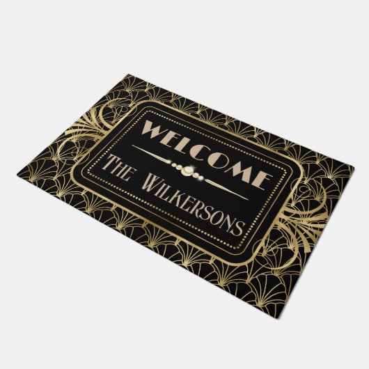 Paillasson Art Déco BLack & Gold Nom personnalisé (Incliné)