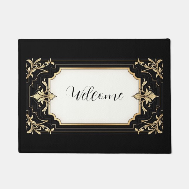 Paillasson Art Deco Black & Gold Ornate Frame Area Rug (Devant)