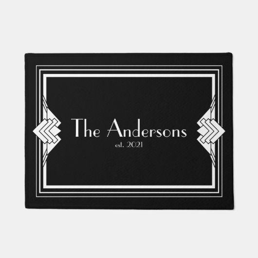 Paillasson Art Déco Géométrique Noir Blanc Nom de famille (Devant)