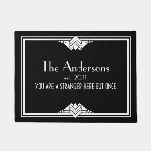 Paillasson Art Déco Géométrique Noir Blanc Nom de famille mat (Devant)