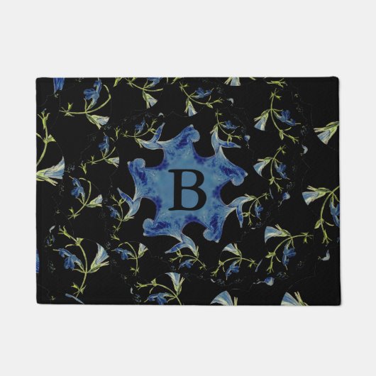 Paillasson Art fractal Sage bleu et noir Monogramme (Devant)
