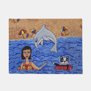 Paillasson Art populaire Lady Cat Beach Océan Dauphin natatio