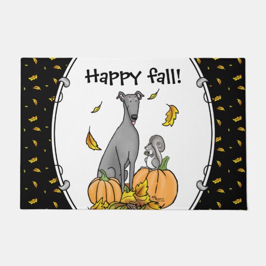 Paillasson Automne Greyhound (gris) Chien Citrouille Feuilles (Devant)