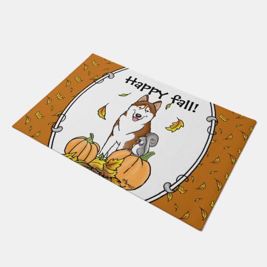 Paillasson Automne Sibérie Husky (rouge) Citrouille mignonne (Incliné)