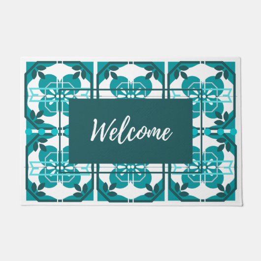 Paillasson Azulejos Carrelage Turquoise Bienvenue (Devant)